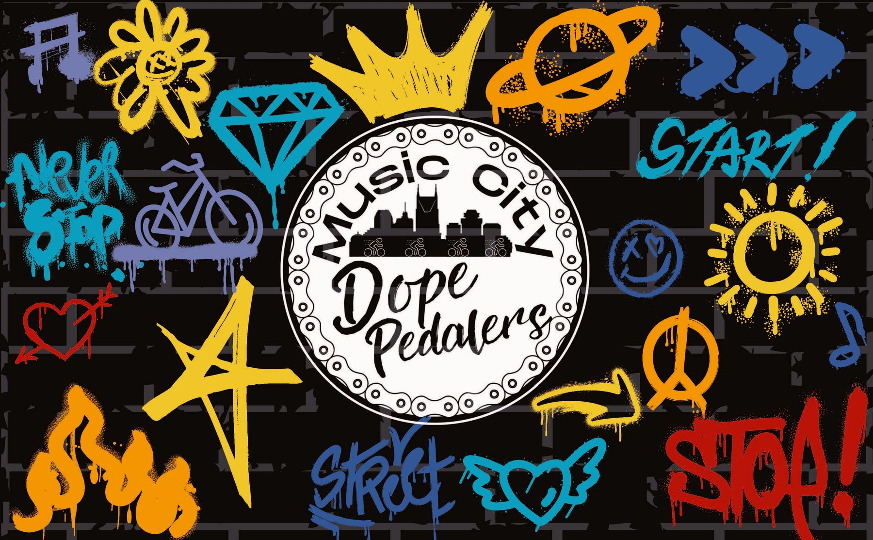 Graffiti wall with the Music City Dope Pedalers logo